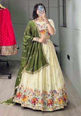 Mehendi Embroidered Vichitra Lehenga Set