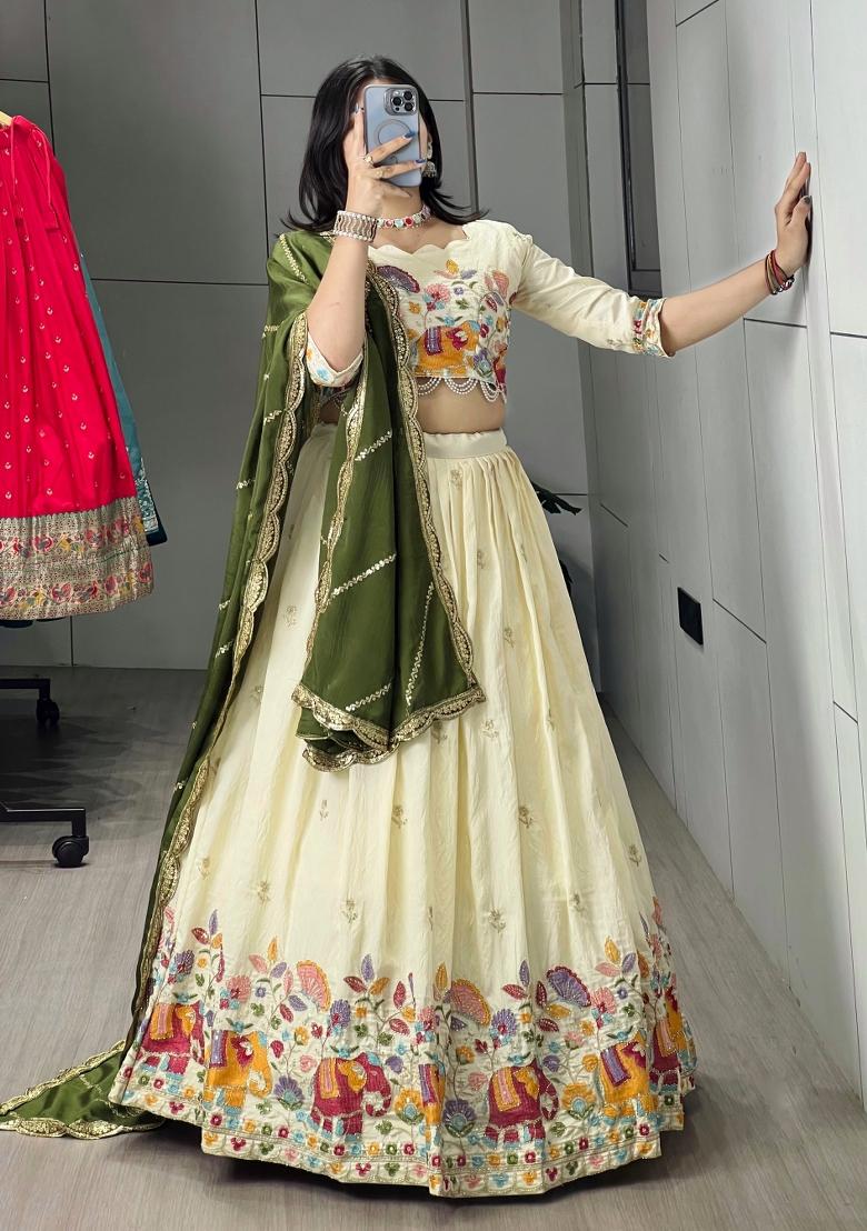 Mehendi Embroidered Vichitra Lehenga Set - Indya