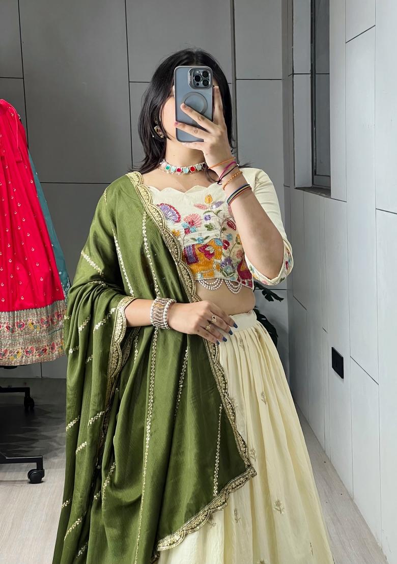 Mehendi Embroidered Vichitra Lehenga Set - Indya