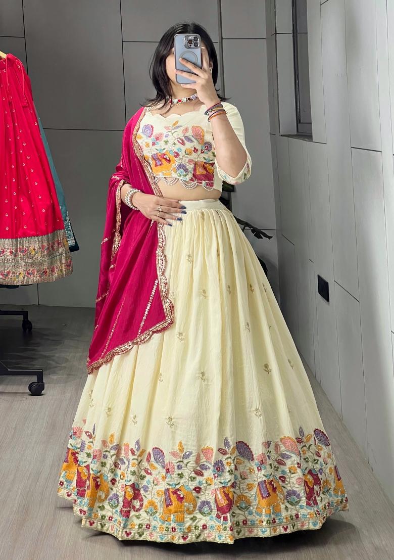 Rani Pink Embroidered Vichitra Lehenga Set - Indya