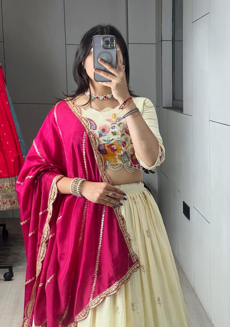 Rani Pink Embroidered Vichitra Lehenga Set - Indya