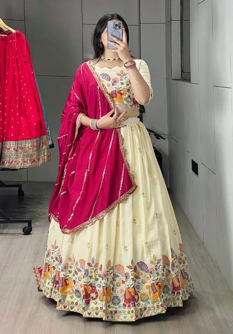 Rani Pink Embroidered Vichitra Lehenga Set