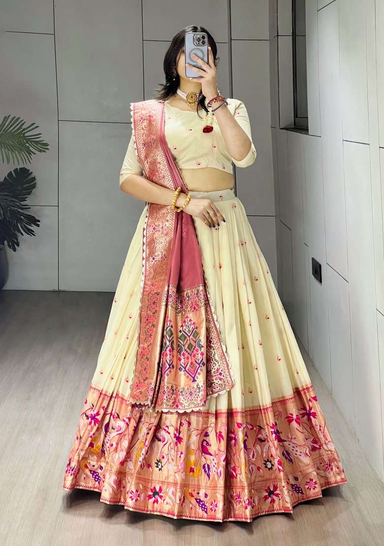 Pink Silk Blend Lehenga Set with Zari Work for Diwali | Wedding & Festive Wear - Indya