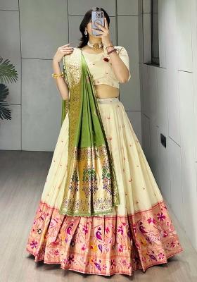 Green Zari Work Silk Blend Lehenga Set
