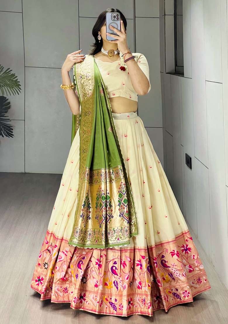 Green Zari Work Silk Blend Lehenga Set for Diwali and Festive Wear - Indya