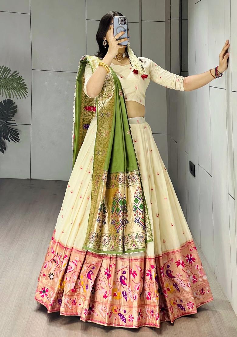 Green Zari Work Silk Blend Lehenga Set - Indya