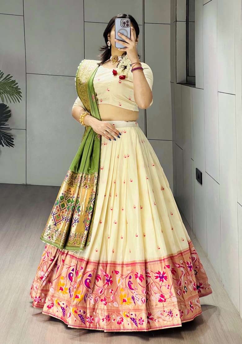 Green Zari Work Silk Blend Lehenga Set for Diwali and Festive Wear - Indya