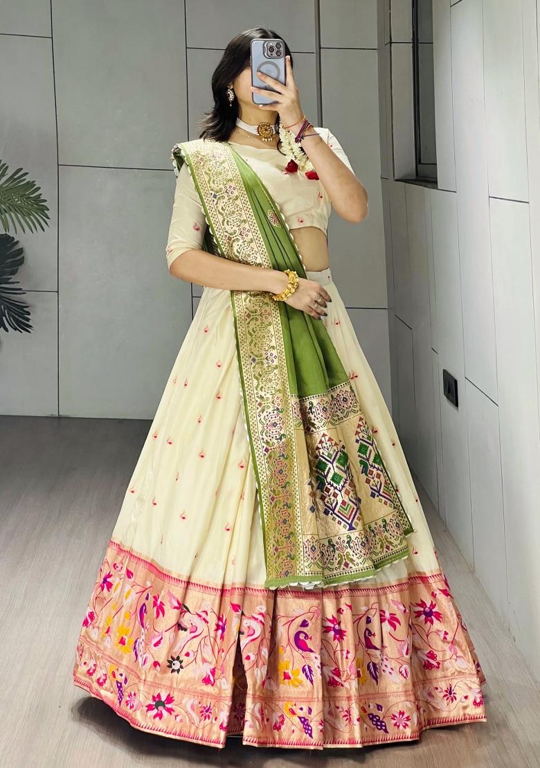 Green Zari Work Silk Blend Lehenga Set - Indya