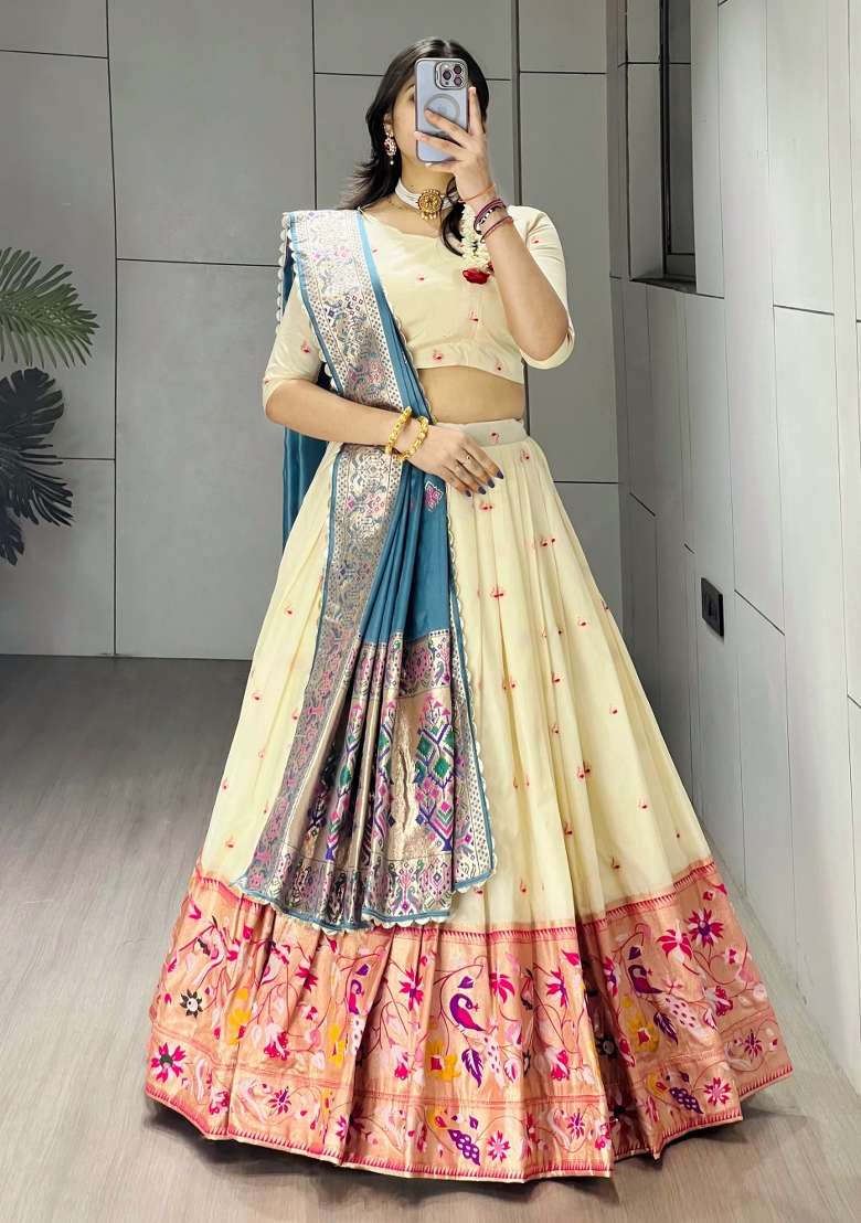 Firozi Silk Blend Lehenga Set with Zari Work for Diwali | Wedding & Festive Wear - Indya