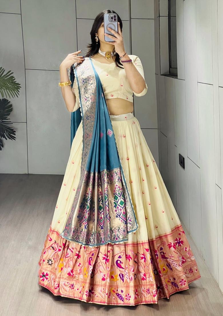 Firozi Zari Work Silk Blend Lehenga Set - Indya