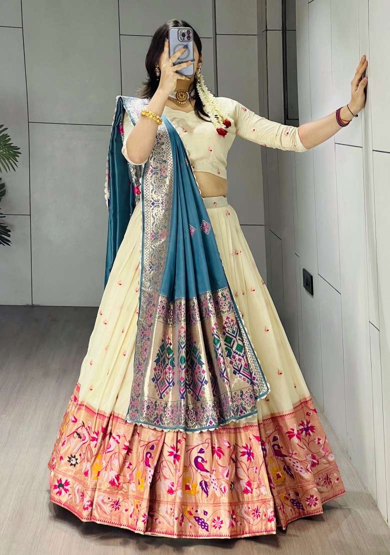 Firozi Silk Blend Lehenga Set with Zari Work for Diwali | Wedding & Festive Wear - Indya