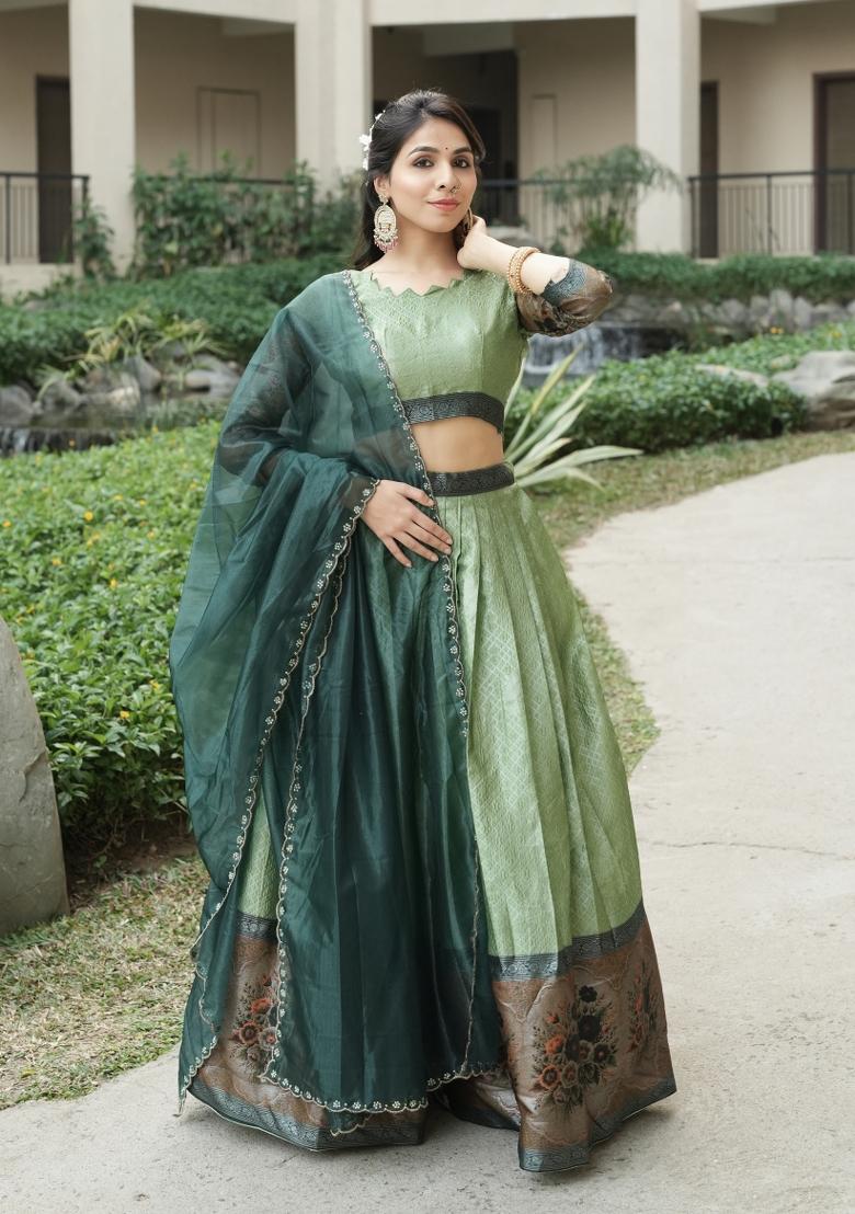 Parrot Zari Work Silk Blend Lehenga Set - Indya