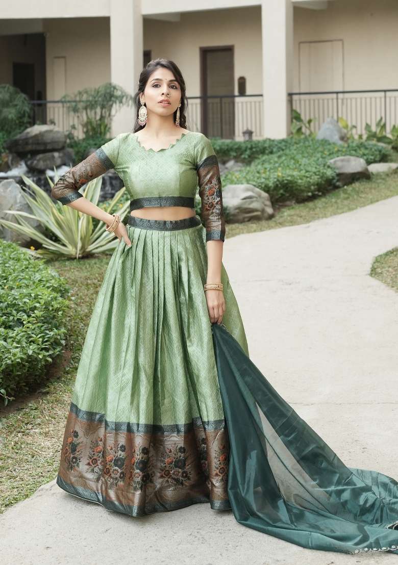 Parrot Silk Blend Lehenga Set with Zari Work for Diwali | Wedding & Festive Wear - Indya