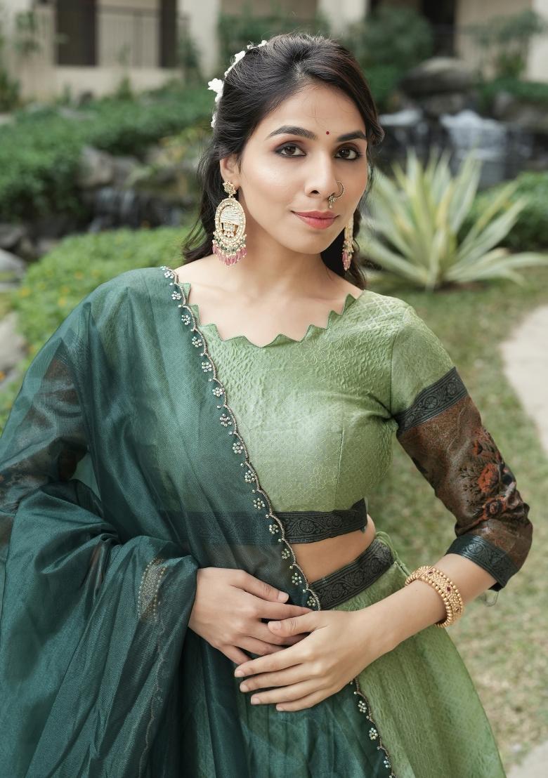 Parrot Zari Work Silk Blend Lehenga Set - Indya