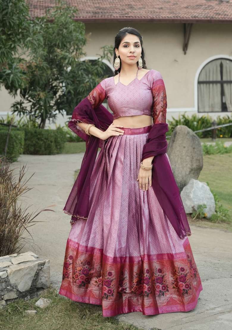 Wine Zari Work Silk Blend Lehenga Set for Diwali and Festive Wear - Indya