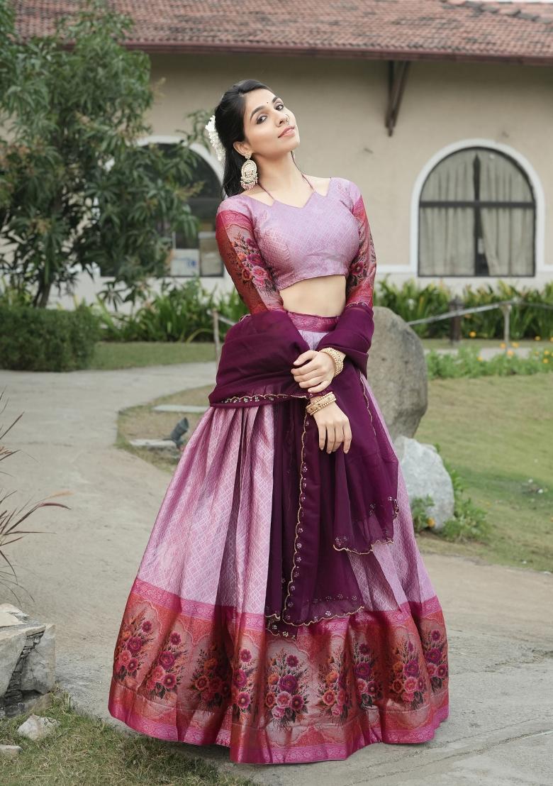 Wine Zari Work Silk Blend Lehenga Set - Indya