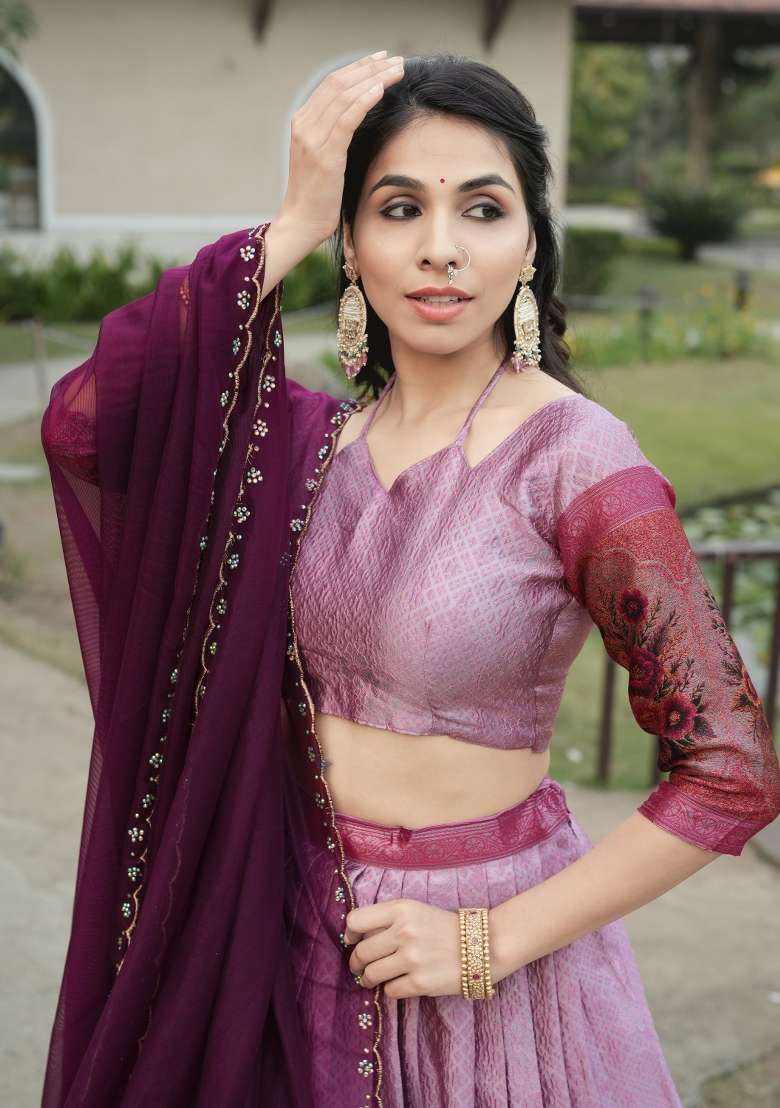 Wine Zari Work Silk Blend Lehenga Set for Diwali and Festive Wear - Indya