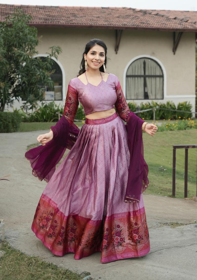 Wine Zari Work Silk Blend Lehenga Set - Indya