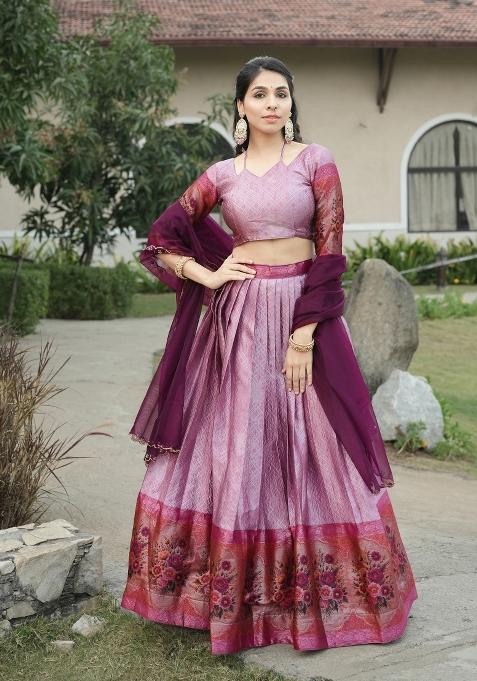 Wine Zari Work Silk Blend Lehenga Set