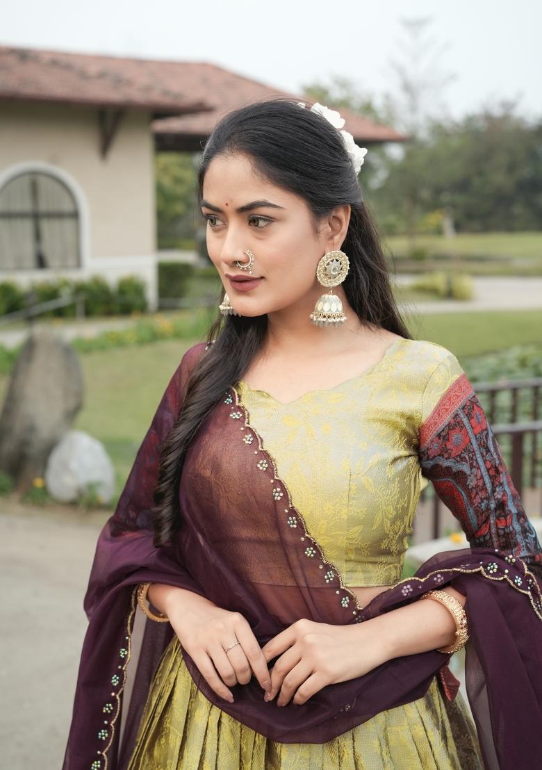Cream Zari Work Silk Blend Lehenga Set - Indya