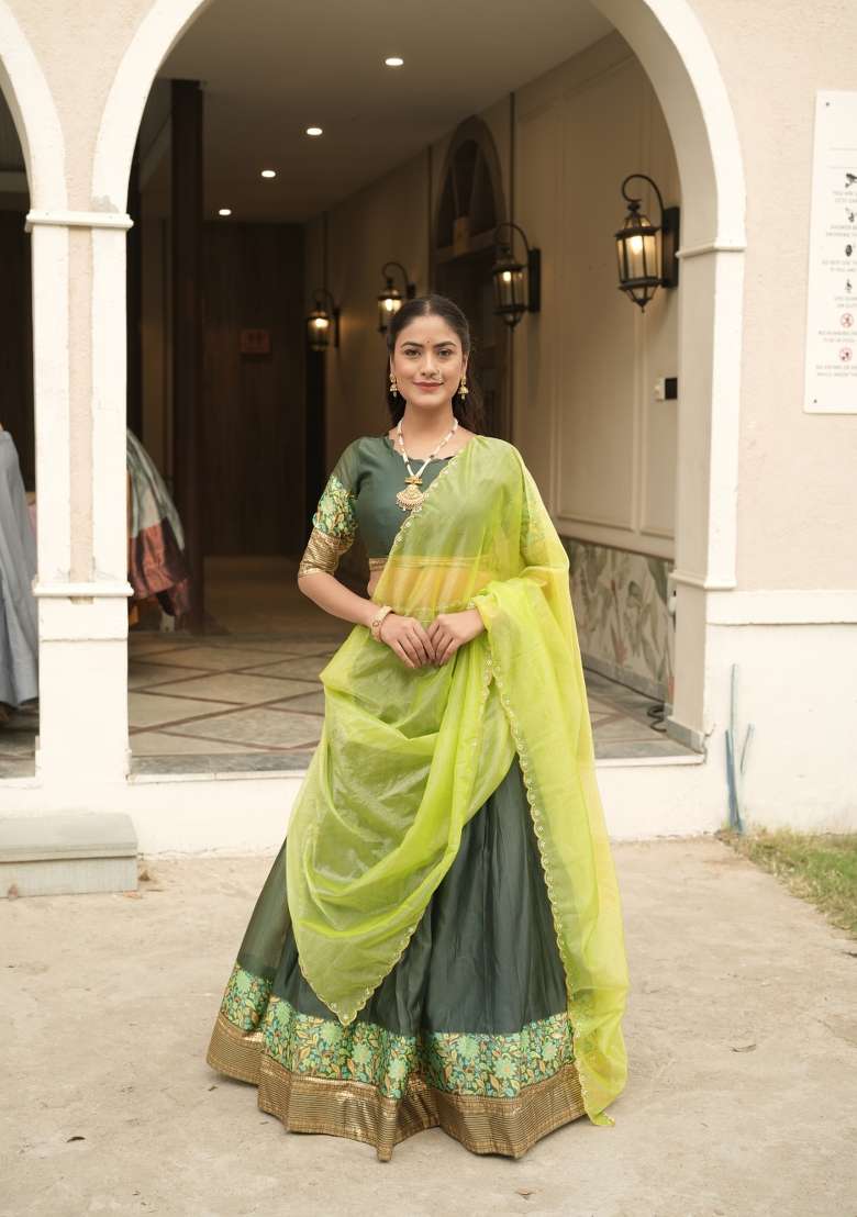 Green Zari Work Shimmar Lehenga Set for Diwali and Festive Wear - Indya