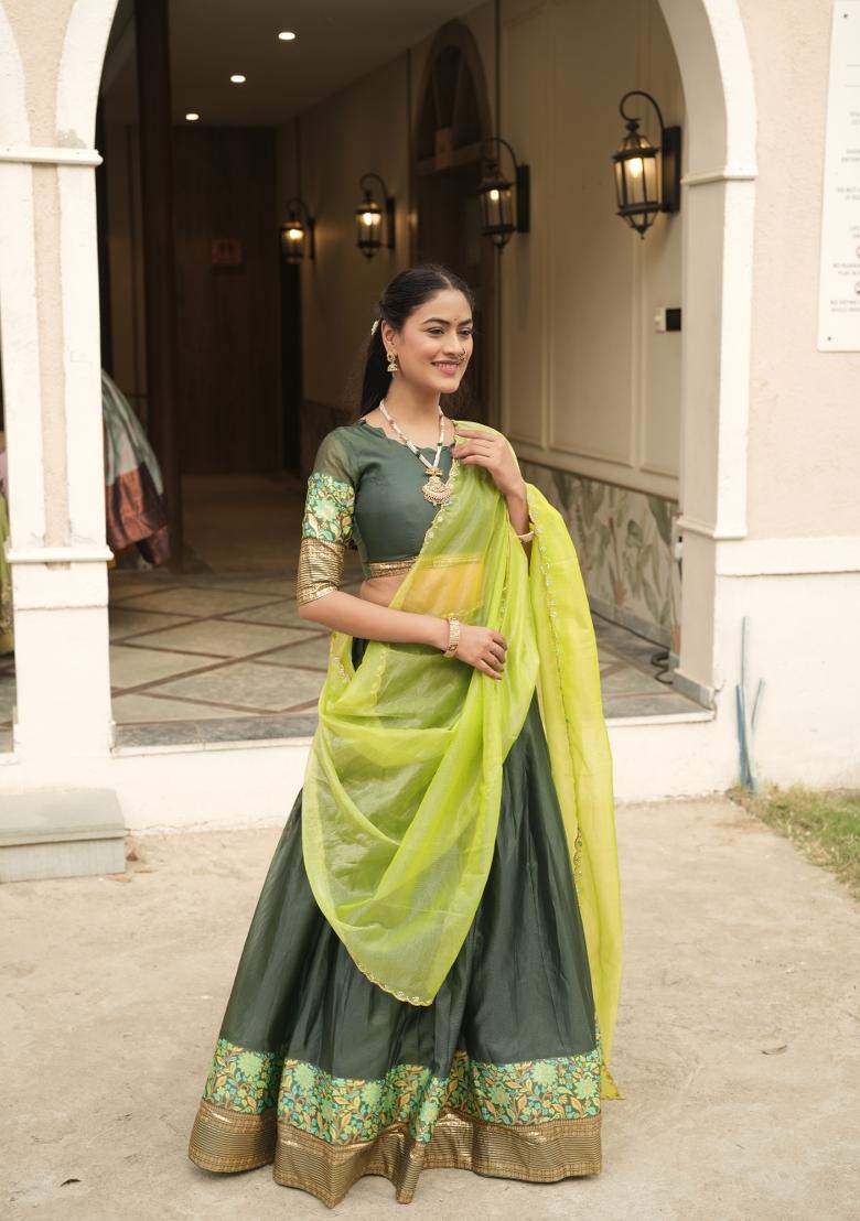Green Zari Work Shimmar Lehenga Set - Indya