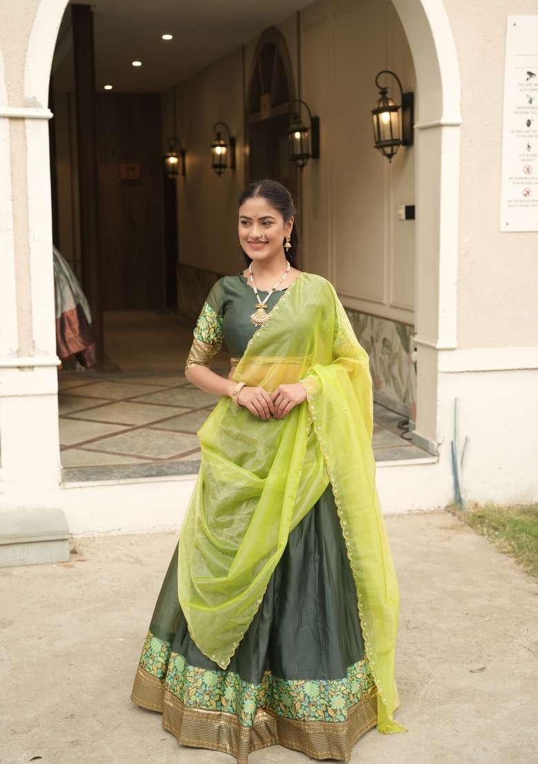 Green Zari Work Shimmar Lehenga Set for Diwali and Festive Wear - Indya