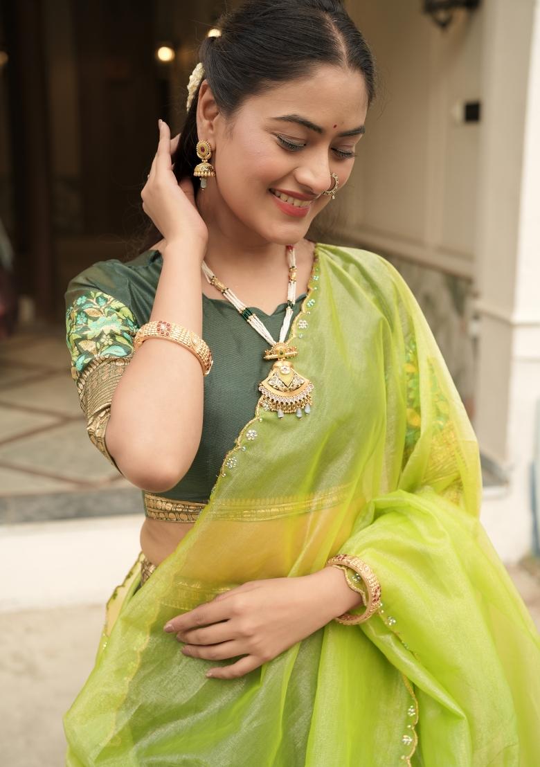Green Zari Work Shimmar Lehenga Set - Indya