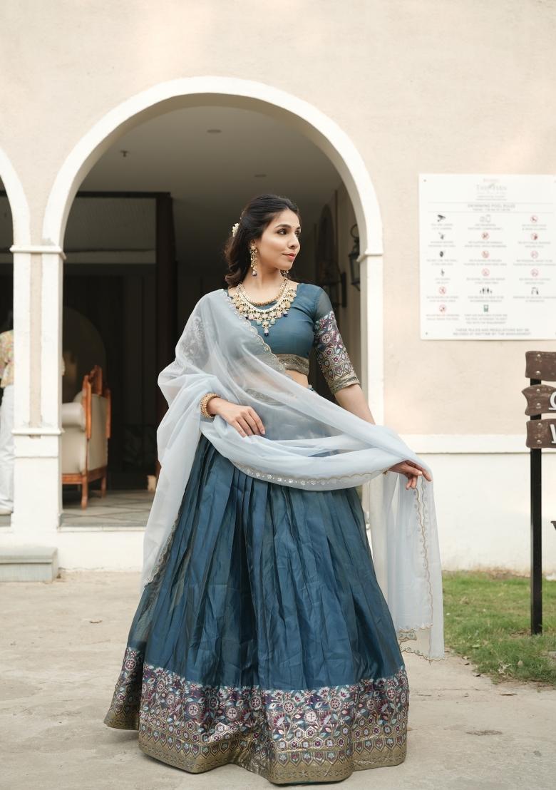 Rama Zari Work Shimmar Lehenga Set - Indya