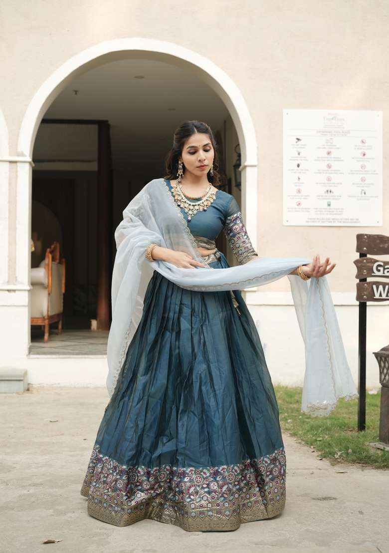 Rama Shimmar Lehenga Set with Zari Work for Diwali | Wedding & Festive Wear - Indya