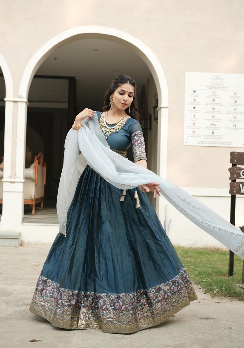 Rama Zari Work Shimmar Lehenga Set - Indya