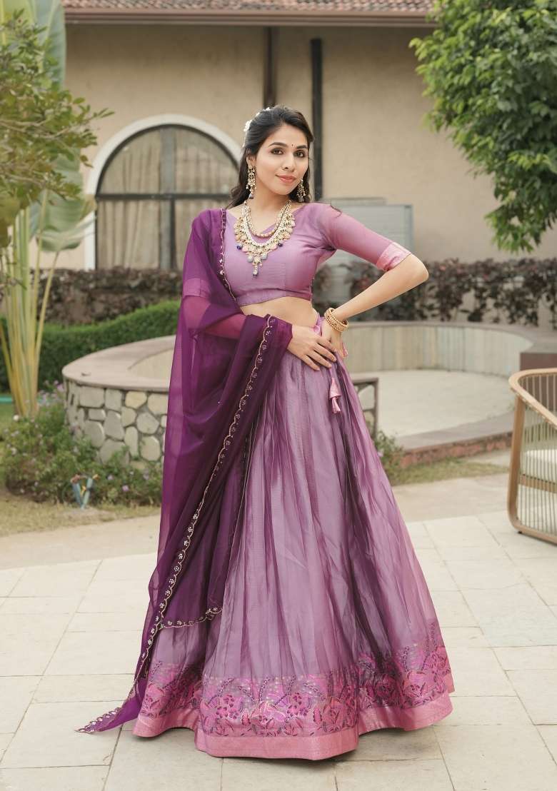 Wine Shimmar Lehenga Set with Zari Work for Diwali | Wedding & Festive Wear - Indya
