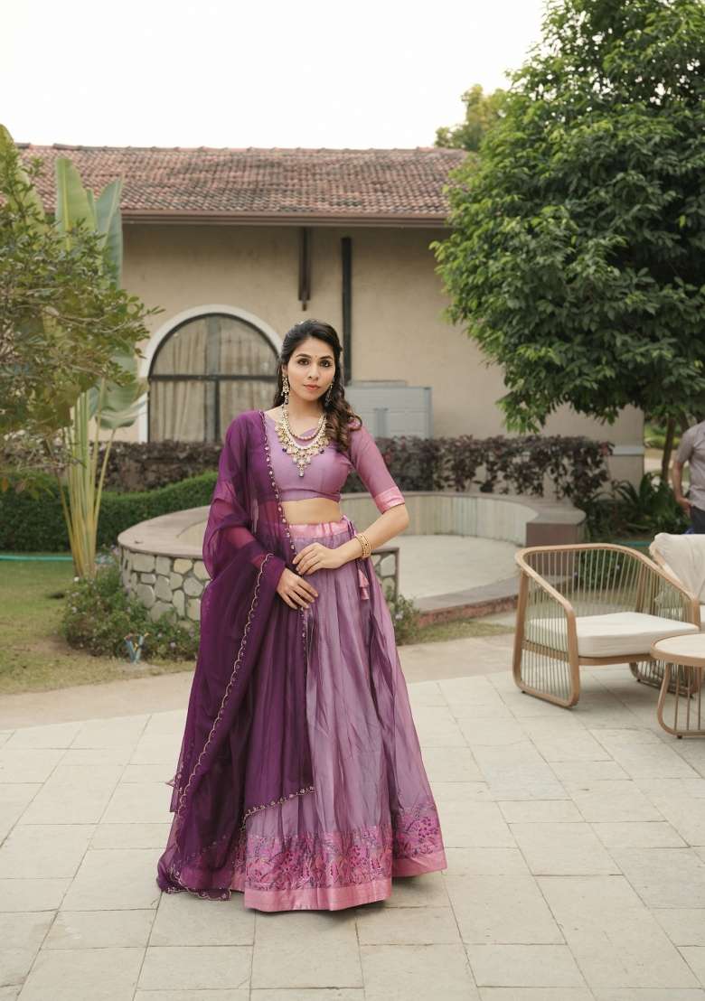 Wine Shimmar Lehenga Set with Zari Work for Diwali | Wedding & Festive Wear - Indya