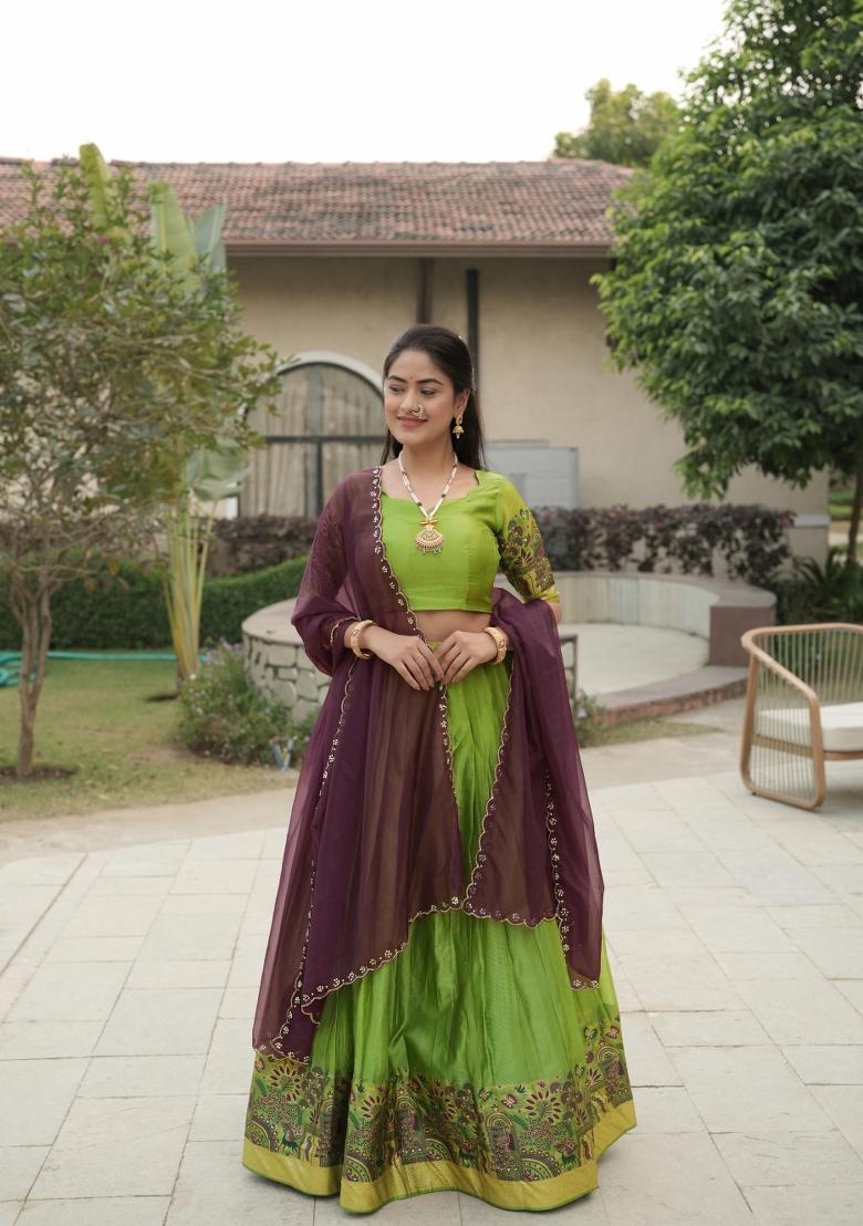 Parrot Zari Work Shimmar Lehenga Set - Indya