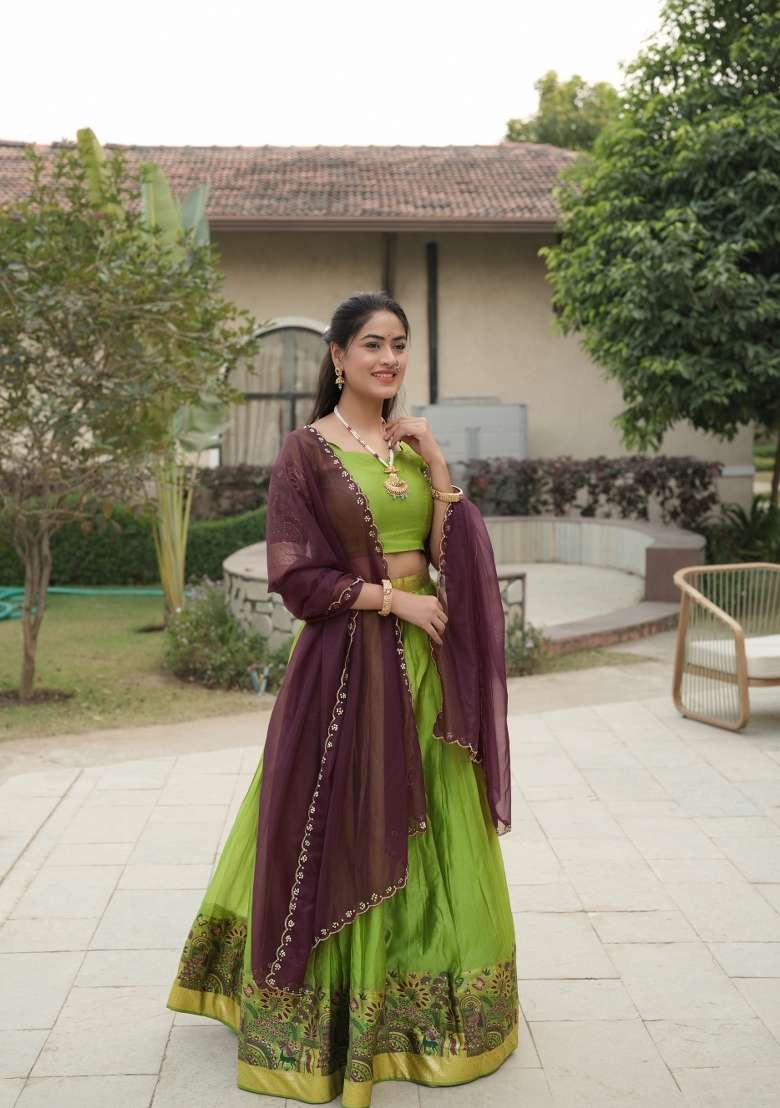 Parrot Shimmar Lehenga Set with Zari Work for Diwali | Wedding & Festive Wear - Indya