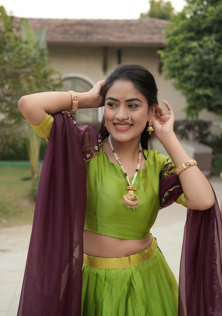Parrot Zari Work Shimmar Lehenga Set - Indya