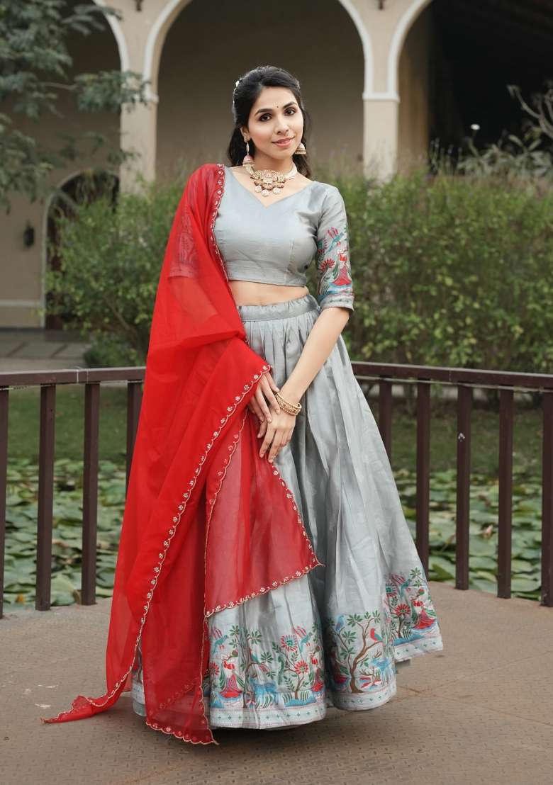 Silver Zari Work Silk Blend Lehenga Set for Diwali and Festive Wear - Indya