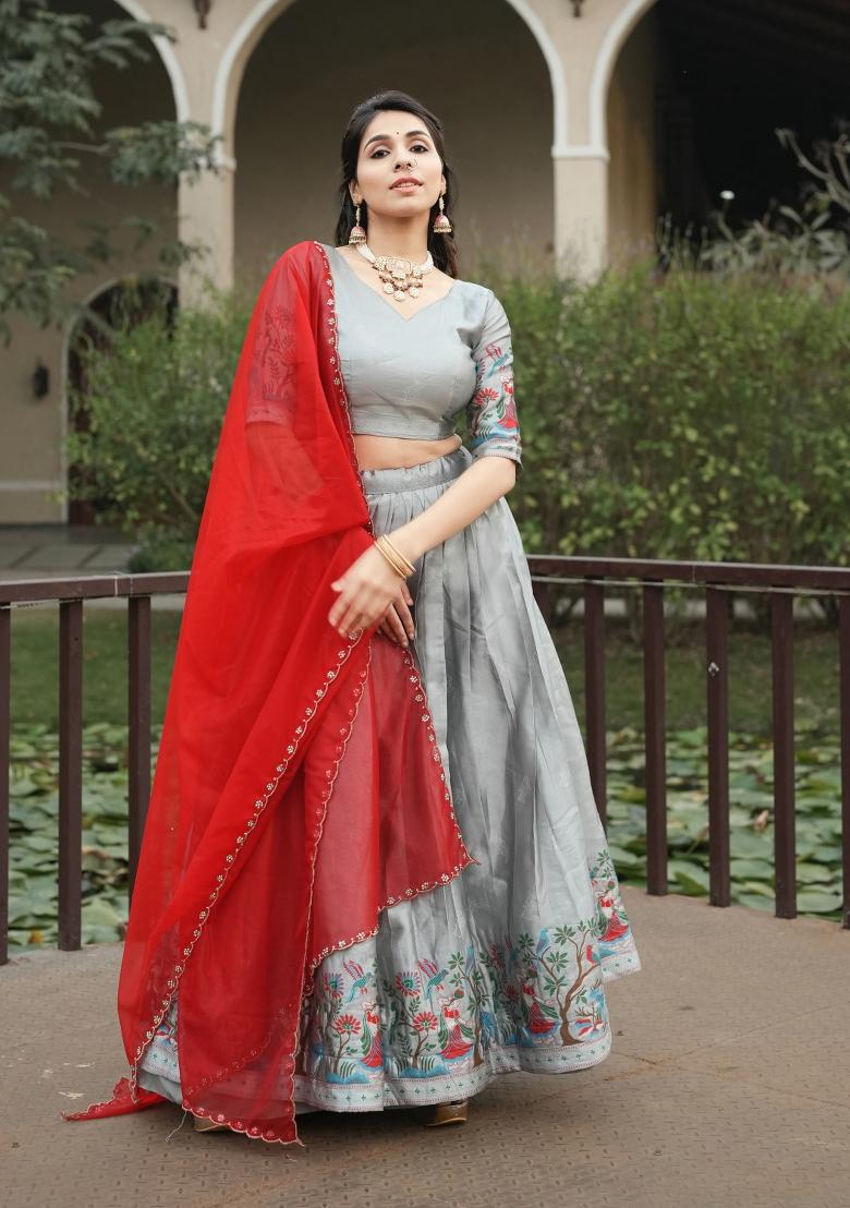 Silver Zari Work Silk Blend Lehenga Set - Indya