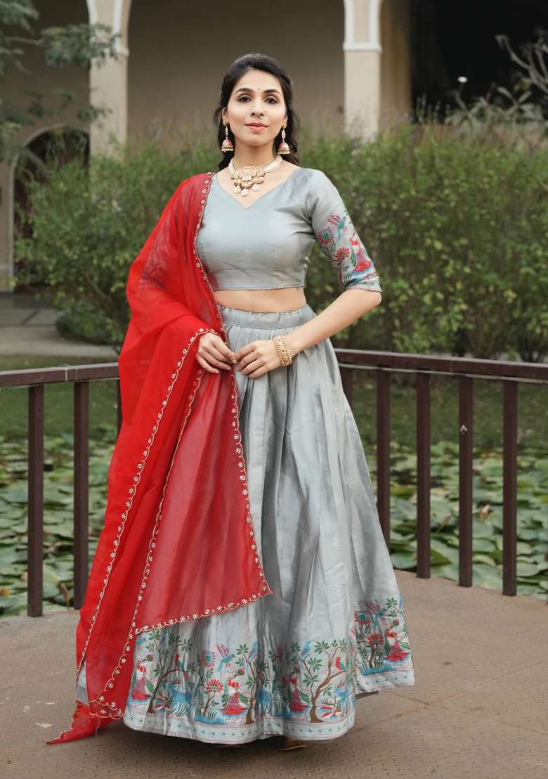 Silver Zari Work Silk Blend Lehenga Set for Diwali and Festive Wear - Indya