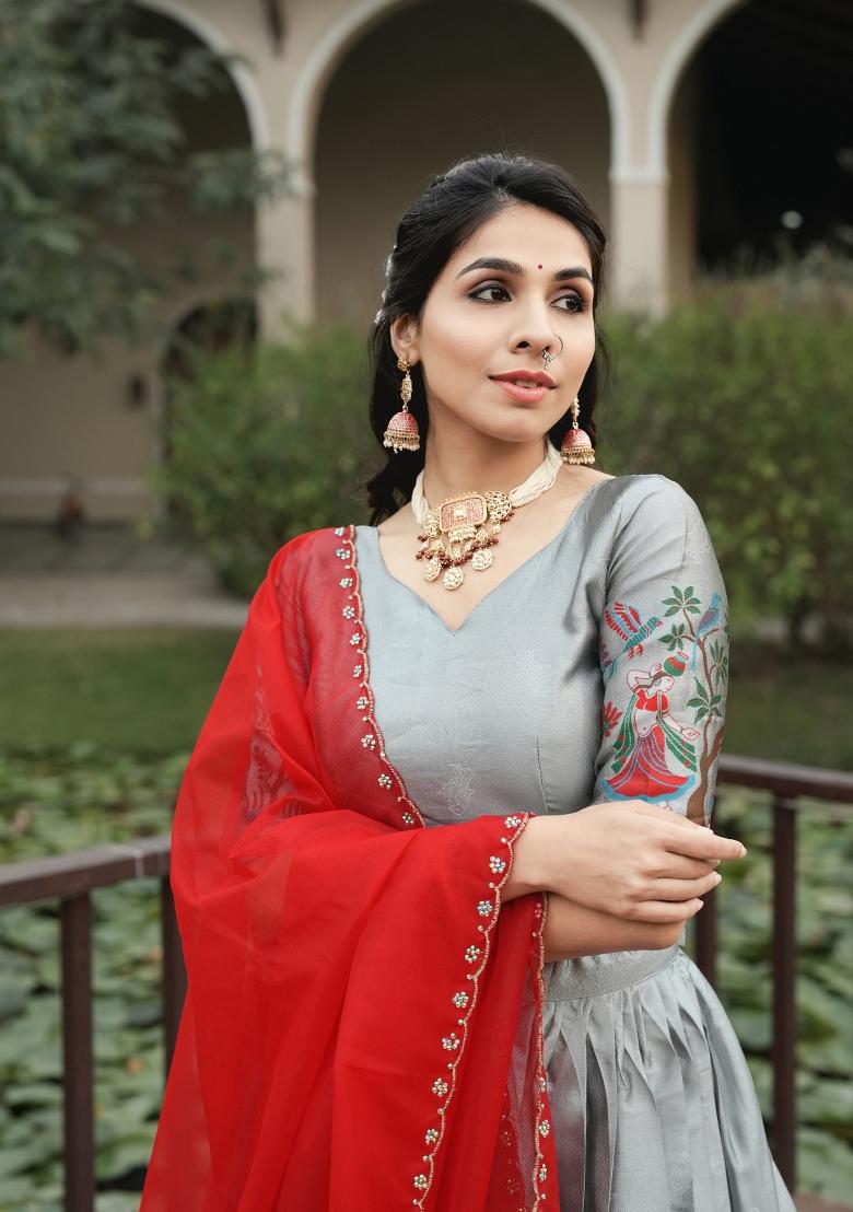 Silver Zari Work Silk Blend Lehenga Set - Indya