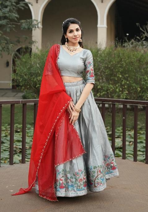 Silver Zari Work Silk Blend Lehenga Set