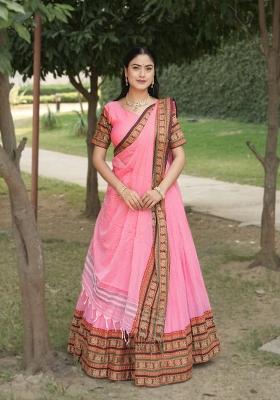 Pink Border Work Chanderi Lehenga Set