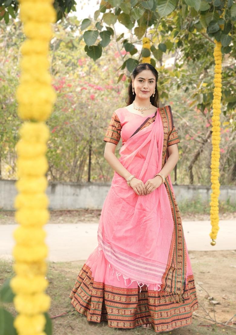 Pink Border Work Chanderi Lehenga Set - Indya