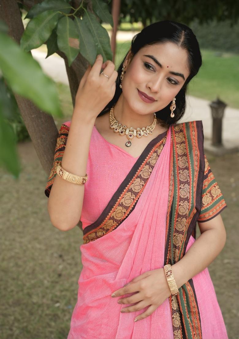 Pink Border Work Chanderi Lehenga Set - Indya