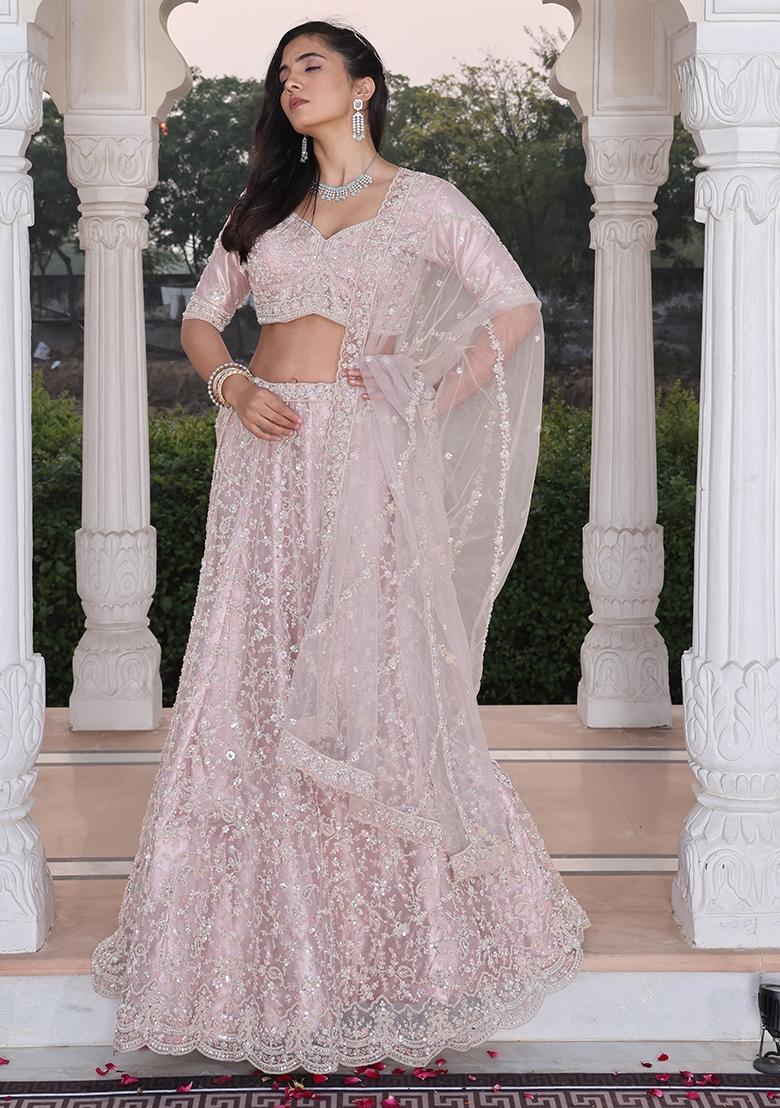 Beige Embroidered Net Lehenga Set - Indya