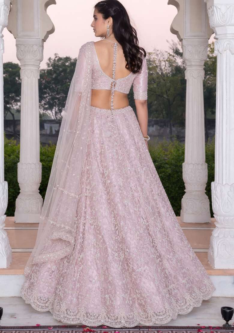 Beige Embroidered Net Lehenga Set - Indya