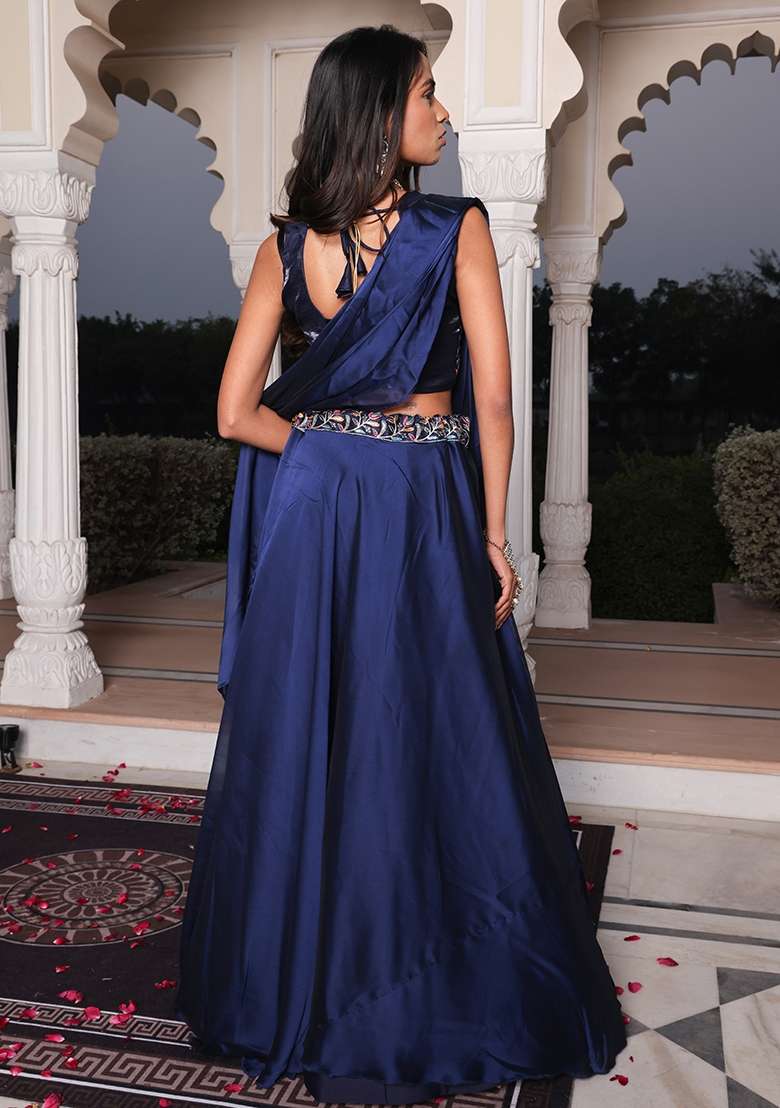 Blue Embroidered Silk Blend Lehenga Set for Diwali and Festive Wear - Indya
