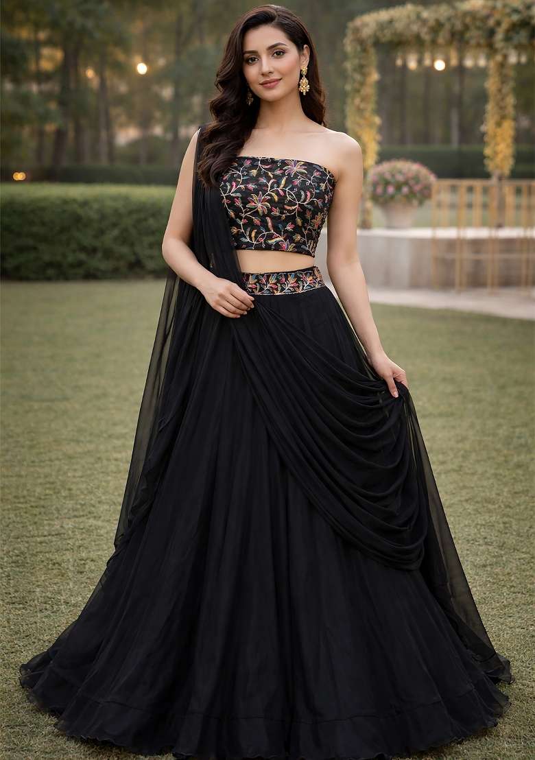 Black Embroidered Silk Blend Lehenga Set for Diwali and Festive Wear - Indya
