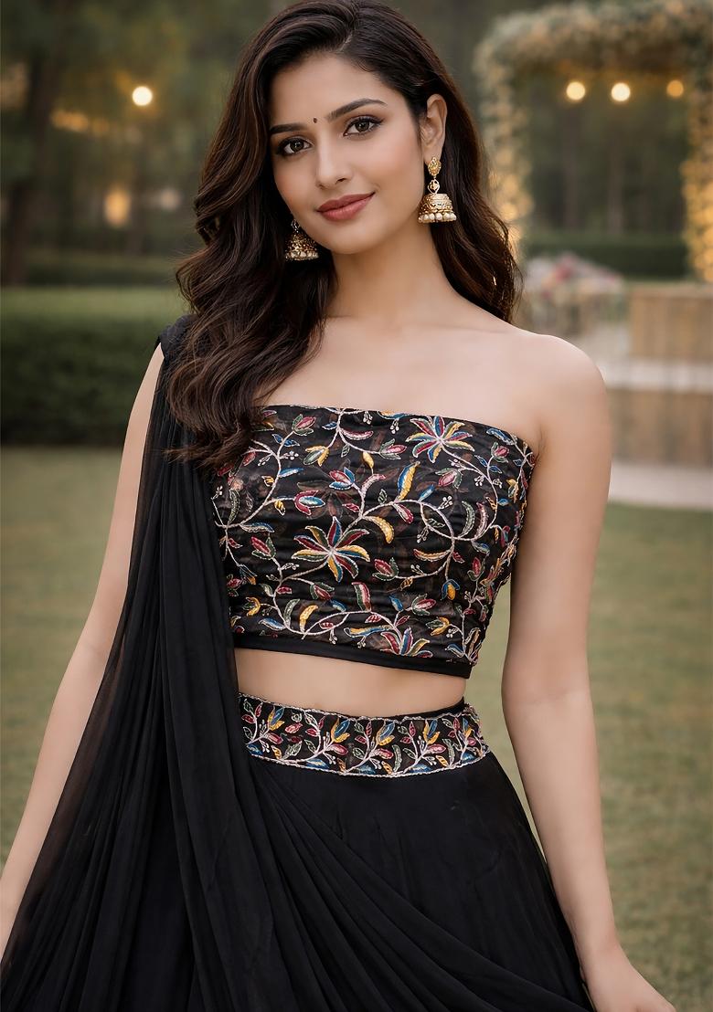 Black Embroidered Silk Blend Lehenga Set - Indya