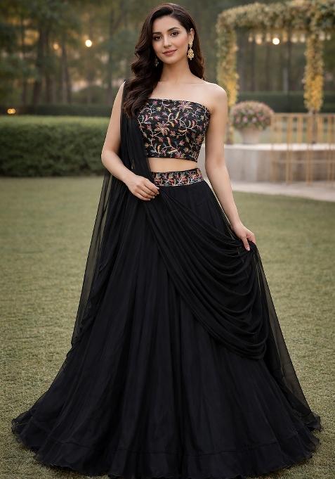 Black Embroidered Silk Blend Lehenga Set